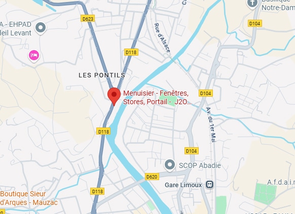 Menuisier Limoux : Fenêtres, Stores, Portails aux Pontils Carte de Limoux, secteur Les Pontils, avec repère Menuisier - Fenêtres, Stores, Portail (J2O). Visible routes D118, D104, D623, gare.